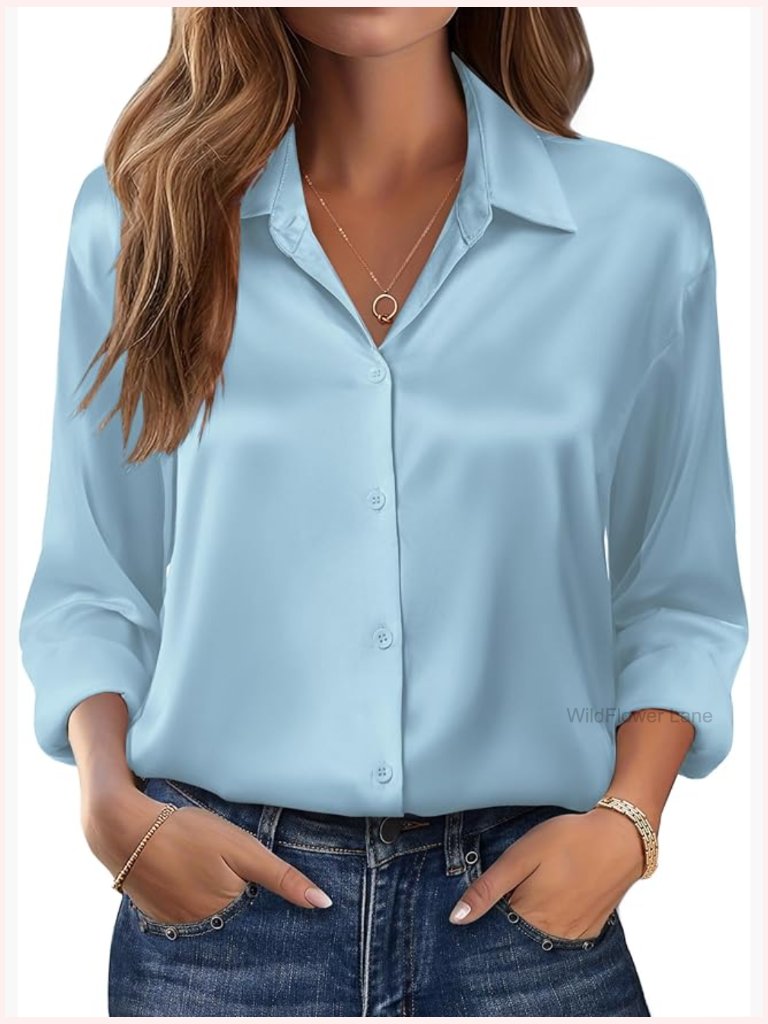 Long Sleeve Satin Silk Button Down Blouse Shirt Casual Business Dressy Top